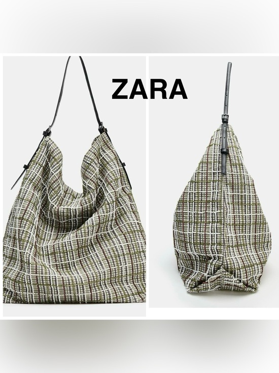 Zara Handbags - ZARA Olive Shimmer Appliqué Plaid/Shimmer Details Shopper Bag with Strap - NEW